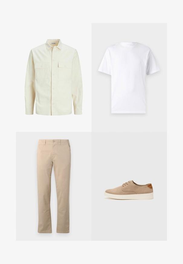 Gai bēšs garām piedurknēm krekls ar apkakles izgriezumu, divām priekšējām kabatām, pogu aizdari un teksturētu audumu.; Balts īsajiem piedurknēm T-krekls no kokvilnas ar apaļu dekoltē, ar gludu tekstūru un vienkāršu dizainu, bez rakstiem vai akcentiem.; Beige kokvilnas chinos bikses ar taisnu kājām, tradicionālu pogu aizdari un sānu kabatām ar gludu šuvumu.; Beige zamšādas kedas ar noapaļotu purngala daļu, auklēm saplacinātu priekšpusi un teksturētu aizmugures akcentu. Balta gumijas zole nodrošina kontrastu. Vienkāršs un mūsdienīgs dizains.