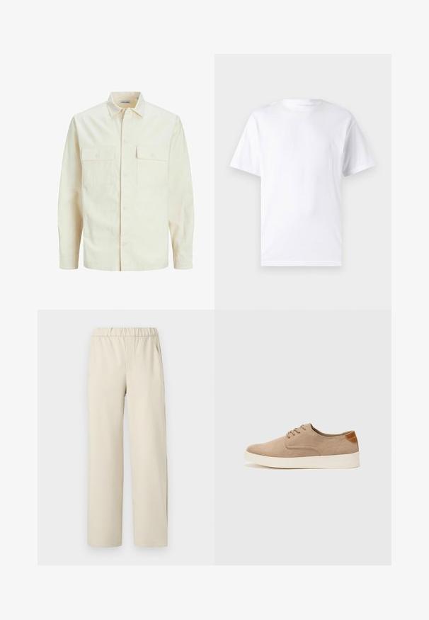 Világos bézs színű, hosszú ujjú ing, galléros nyakkal, két elülső zsebbel, gombos záródással és struktúrált anyaggal.; Fehér, rövid ujjú póló, pamutból készült, kerek nyakkivágással, sima textúrával és egyszerű, minták vagy díszítések nélküli kivitelben.; Beige széles szárú nadrág, rugalmas derékpánttal, puha anyagból készült. Simaság jellemzi, és nincs rajta látható minta vagy fémalkatrész.; Beige velúr sportcipő, kerek orral, fűzős elülső résszel és textúrált hátsó részlettel. Fehér gumitalp kontrasztot ad. Egyszerű és modern design.