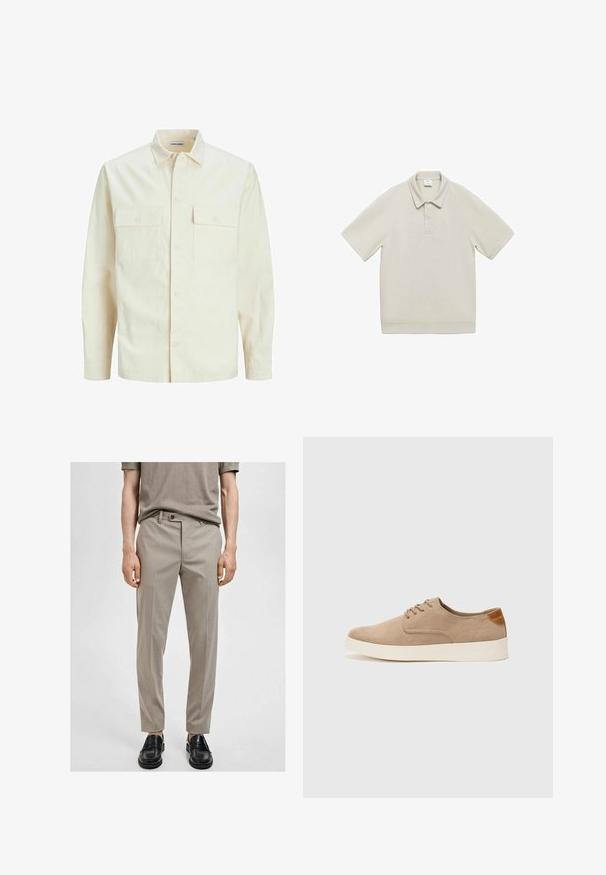 Camicia beige chiaro a maniche lunghe con colletto, due tasche frontali, chiusura a bottoni e un tessuto texturizzato.; Mango Polo - grey; Pantaloni beige su misura in tessuto liscio, slim fit e con piega frontale. Abbinati a mocassini neri, che mettono in mostra un design semplice e moderno.; Sneaker in suede beige con punta arrotondata, stringhe davanti e un accento testurizzato sul retro. La suola in gomma bianca offre un contrasto. Design semplice e moderno.