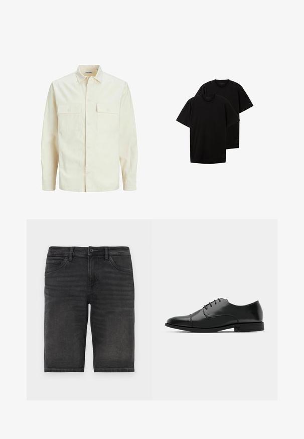 Light beige long-sleeve shirt with a collared neckline, two front pockets, button closure, and a textured fabric.; Black cotton t-shirts, crew neck, short sleeves, relaxed fit, featuring a small logo on the lower left side, sold as a set of two.; Black denim shorts with a straight cut, five pockets, and a button closure. Features slight fading and a sturdy fabric texture.; Black leather dress shoe with a rounded toe, lace-up design, subtle stitching details, and a low heel. Smooth texture with polished finish.