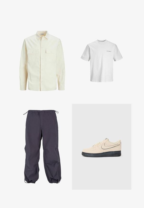 Kergedbež pika-särk pikkade varrukatega, krae ja kahe eespool asuva taskuga, nööpidega kinnitamine ja reljeefne materjal.; Valge puuvillane t-särk, ümmarguse kaelusega, lühikeste varrukatega, mille vasakul küljel on väike must tekst. Sile tekstuur, juhuslik sobivus.; Tumed hallid veekindlad püksid elastse pihaga, reguleeritava paelaga ja sobivate mansettidega. Sile tekstuur ja lõdva istuvusega disain.; Beige südamega Nike Air Force 1 tossud musta kummitallaga, õmmeldud aktsendid, aukudega varvas ja silmapaistev swoosh logo.