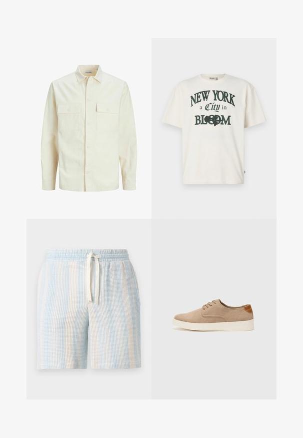 Světle béžová košile s dlouhým rukávem, límečkem, dvěma předními kapsami, zapínáním na knoflíky a strukturovanou tkaninou.; Krémové bavlněné tričko s krátkým rukávem, s potiskem s nápisem "NEW YORK město v KVĚTU" v tmavě zelené barvě.; Lehké texturované šortky s modro-bílým pruhovaným vzorem. Mají elastický pas a šňůrkový uzávěr.; Béžové semišové tenisky s kulatou špičkou, šněrováním vpředu a texturovaným zadním akcentem. Bílá gumová podrážka poskytuje kontrast. Jednoduchý a moderní design.