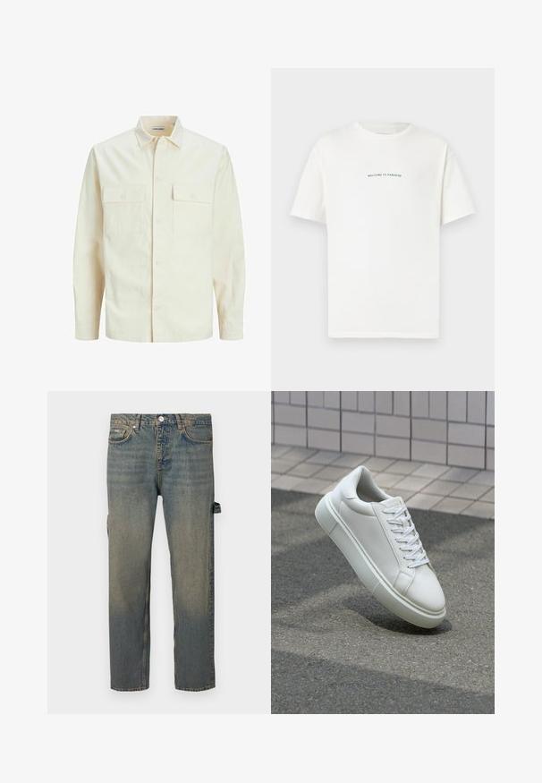Camicia beige chiaro a maniche lunghe con colletto, due tasche frontali, chiusura a bottoni e un tessuto texturizzato.; T-shirt bianco in cotone con maniche corte e colletto a girocollo. Il testo centrato recita "BENVENUTO IN PARADISO" in un font verde curvo.; Jeans in denim di colore azzurro chiaro con un effetto sbiadito, design a gamba dritta, cinque tasche e passanti per cintura. Presentano un dettaglio con cinturino laterale.; Sneaker bianco in pelle con superficie liscia, punta rotonda e lacci piatti bianchi. Presenta una suola in gomma texturizzata e un design minimale.