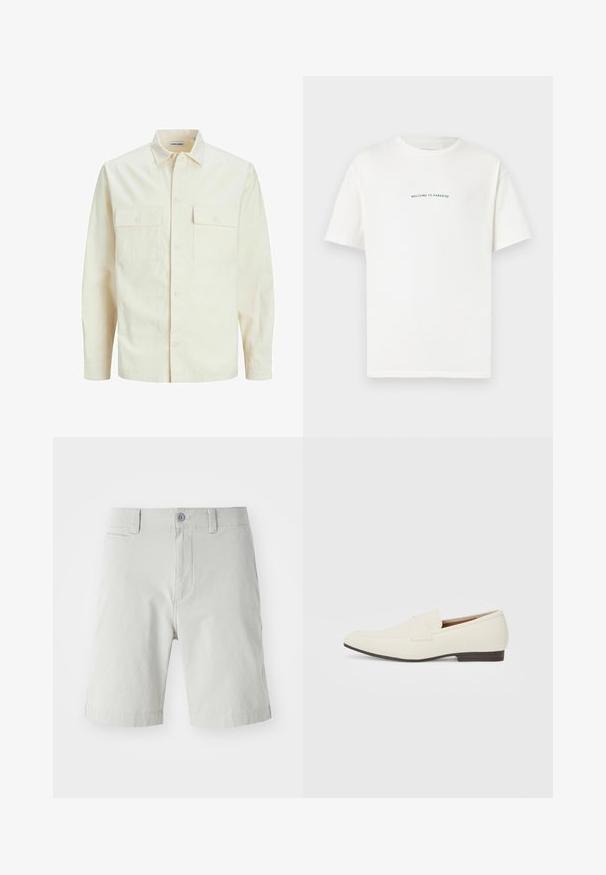 Camicia beige chiaro a maniche lunghe con colletto, due tasche frontali, chiusura a bottoni e un tessuto texturizzato.; T-shirt bianco in cotone con maniche corte e colletto a girocollo. Il testo centrato recita "BENVENUTO IN PARADISO" in un font verde curvo.; Pantaloni corti grigi chiaro realizzati in tessuto morbido, con chiusura a bottone, tasche laterali e un design pulito e sartoriale. La lunghezza arriva a metà coscia.; Mocassini beige chiaro con punta affusolata, materiale liscio, una fascia sulla tomaia e una suola bassa marrone. Design semplice con accenti minimi.