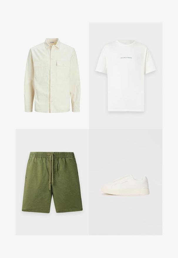 Světle béžová košile s dlouhým rukávem, límečkem, dvěma předními kapsami, zapínáním na knoflíky a strukturovanou tkaninou.; Bílý bavlněný tričko s krátkým rukávem a kulatým výstřihem. Uprostřed je napsáno "VÍTÁME V RÁJI" křivým zeleným písmem.; Khaki zelené šortky vyrobené z jemné bavlny, s elastickým pasem a šňůrkou na stažení, a bočními kapsami. Hladká textilie, ležérní design.; Bílé slip-on tenisky s texturovaným povrchem, silnou podešví a minimalistickým designem. Na boku je umístěno logo značky.