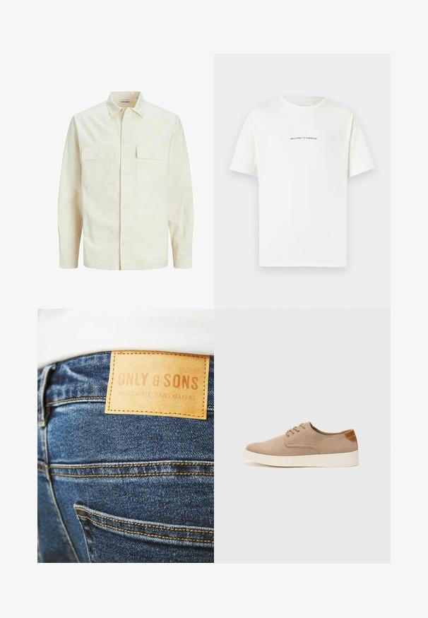 Gai bēšs garām piedurknēm krekls ar apkakles izgriezumu, divām priekšējām kabatām, pogu aizdari un teksturētu audumu.; Baltā kokvilnas T-kreklā ar īsām piedurknēm un apaļu kakla izgriezumu. Centrāls teksts lasa "LAIPNI LŪDZAM PARADĪZĒ" zaļā, izliekta fontā.; Zili džinsi no auduma ar spilgtu brūnu ādas etiķeti izšūtu aizmugurē, kurā atrodas teksts "ONLY & SONS" un "PASSIONATE JEANS MAKERS."; Beige zamšādas kedas ar noapaļotu purngala daļu, auklēm saplacinātu priekšpusi un teksturētu aizmugures akcentu. Balta gumijas zole nodrošina kontrastu. Vienkāršs un mūsdienīgs dizains.