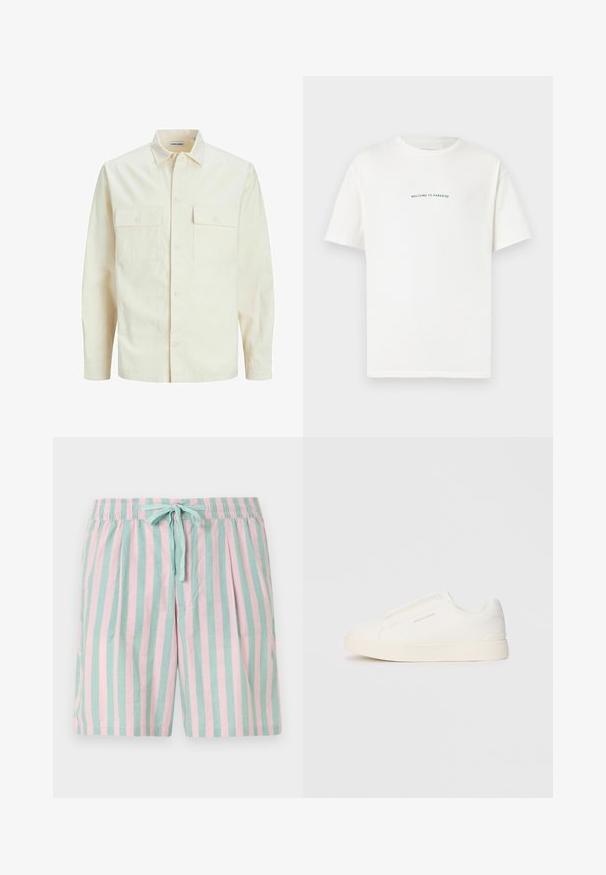 Chemise longue à manches longues beige clair avec un col, deux poches frontales, fermeture à boutons et un tissu texturé.; T-shirt en coton blanc à manches courtes et col rond. Le texte centré indique "BIENVENUE AU PARADIS" en une police verte courbée.; Shorts légers à rayures présentant des rayures verticales alternées en teal et rose, une taille élastique et un détail de lien à l'avant.; Baskets blanches sans lacets avec une surface texturée, une semelle épaisse et un design minimaliste. Présente le logo de la marque sur le côté.