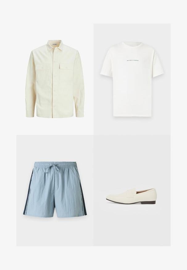 Camicia beige chiaro a maniche lunghe con colletto, due tasche frontali, chiusura a bottoni e un tessuto texturizzato.; T-shirt bianco in cotone con maniche corte e colletto a girocollo. Il testo centrato recita "BENVENUTO IN PARADISO" in un font verde curvo.; Pantaloni da bagno azzurri chiari con vita elastica e coulisse. Presentano pannelli laterali blu navy e rifiniture bianche lungo i lati. Tessuto leggero.; Mocassini beige chiaro con punta affusolata, materiale liscio, una fascia sulla tomaia e una suola bassa marrone. Design semplice con accenti minimi.