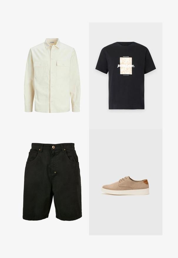 Šviesiai smėlio spalvos ilgomis rankovėmis marškiniai su apykakle, dviem priekinėmis kišenėmis, mygtukų uždarymu ir tekstūruota medžiaga.; Juodas medvilninis marškinėliai su apvaliu kaklu. Ant priekinės pusės yra smėlio spalvos stačiakampis grafikas ir baltas tekstas "JAWO", centrinėje dalyje. Trumpi rankoviai.; Juodi medvilniniai šortai su juosmeniu, dviem priekinėmis kišenėmis ir vienu mygtuko užsegimu. Danga pasižymi tekstūruota medžiaga ir minimaliais akcentais.; Bežiniai zomšiniai sportbačiai su apvaliomis pirštų dalimis, raišteliais priekyje ir tekstūruotu užkulniu. Balta guma suteikia kontrastą. Paprastas ir modernus dizainas.