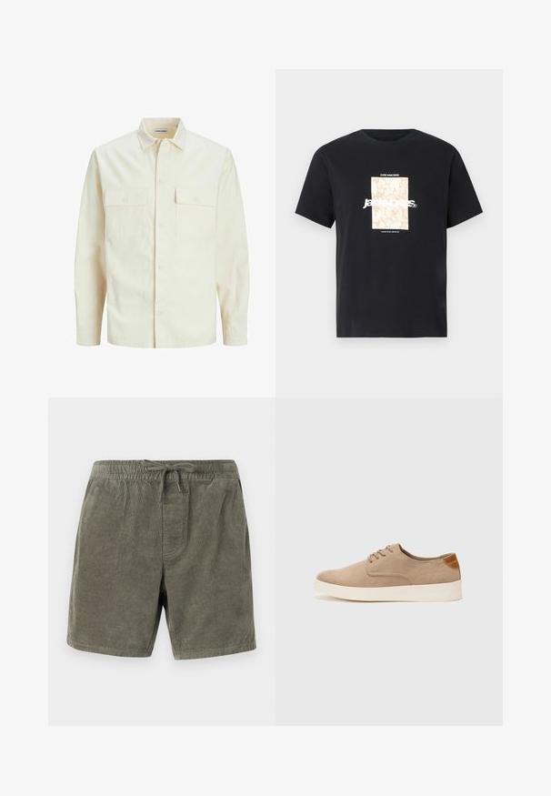 Lys beige langærmet skjorte med krave, to forlommer, knaplukning og et tekstureret stof.; Sort bomulds t-shirt med rund hals. Har et beige rektangulært grafik og hvid tekst, "JAWO," centreret foran. Korte ærmer.; Olivengrønne fløjlsshorts med elastisk talje og snøre, teksturerede lodrette ribber og sidelommer.; Beige ruskinds sneakers med rund tå, snørebånd foran og en struktureret rygdetalje. Hvid gummisål giver kontrast. Enkel og moderne design.