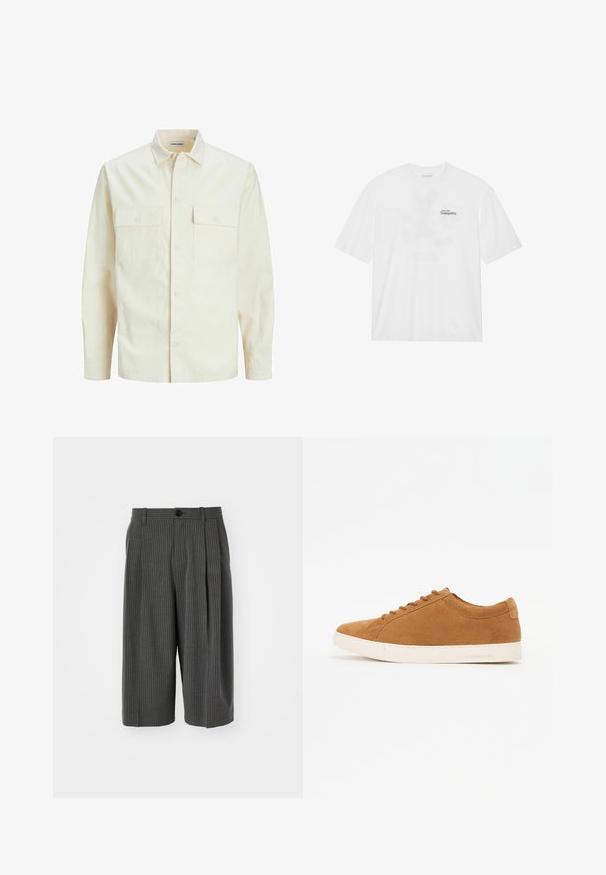 Chemise longue à manches longues beige clair avec un col, deux poches frontales, fermeture à boutons et un tissu texturé.; T-shirt en coton blanc à manches courtes, avec une impression à l'avant sur laquelle est inscrit "Prenez votre envol vers la tranquillité" en noir et vert.; Shorts larges à rayures gris avec fermeture à bouton et plissé à l'avant. Fabriqués à partir d'un tissu texturé, présentant un design ajusté.; Baskets en daim marron avec un design basse, semelle en caoutchouc blanche et bout rond. Présente des lacets assortis et un branding minimal au niveau du talon.