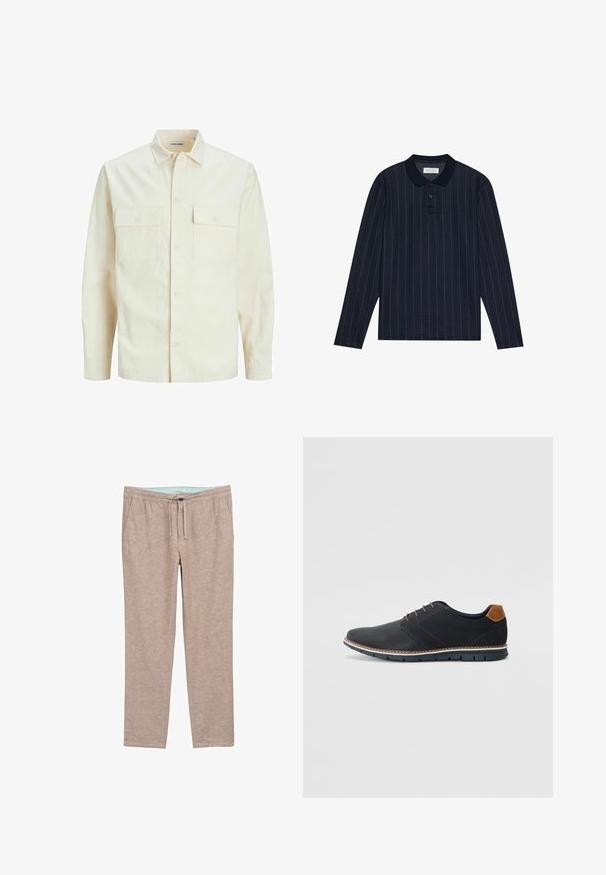 Kergedbež pika-särk pikkade varrukatega, krae ja kahe eespool asuva taskuga, nööpidega kinnitamine ja reljeefne materjal.; Tumesinise pika varrukaga polo särk, millel on kraelõige, õhukesed vertikaalsed triibud ja kolme nupuga klapp. Pehme kangastekstuur.; Kergelt pruuni värvi, pehme tekstuuriga püksid, millel on mugav lõige, elastne vöökoht ja tõmblukk mugavuse reguleerimiseks.; Mustavad sünteetilised jalatsid tekstureeritud pealsega, siledad aktsendid, pruun kand ja kontrastne tall. Omab minimaalset lukkude ja õmbluste dekoratsiooni.