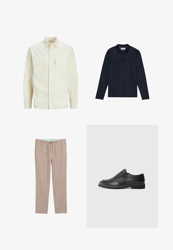 Hellbeige Langarmhemd mit klassischem Kragen, zwei Fronttaschen, Knopfverschluss und strukturiertem Stoff.; Marineblaues Langarm-Polohemd mit Kragen, ausgestattet mit feinen vertikalen Streifen und einer Drei-Knopf-Leiste. Weicher Stoff.; Hellbraune, weichtexturierte Hose mit lockerem Sitz, ausgestattet mit einem elastischen Bund und einer Kordel für anpassbaren Komfort.; Schwarze Leder-Slipper mit glattem Obermaterial, gesteppten Akzenten, runder Zehenpartie und niedrigem Gummiabsatz. Die Sohle hat ein minimales Profil.