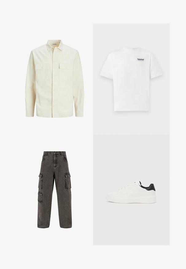 Svetlo bež srajca z dolgimi rokavi, ovratnim izrezom, dvema sprednjima žepoma, zapenjanjem na gumbe in teksturirano tkanino.; Bela bombažna majica s kratkimi rokavi, ki na zgornjem levem delu prsi nosi modro vezeno besedilo "Timberland Rugged Active Gear". Okrogla ovratnica.; Karl Kani OG BAGGY - Široke kavbojke - grey; Beli usnjeni superge z embosiranim vzorcem, teksturiranimi belimi srednjimi podplati in črnim poudarkom na peti. Imajo zaobljen nos in ravne vezalke.