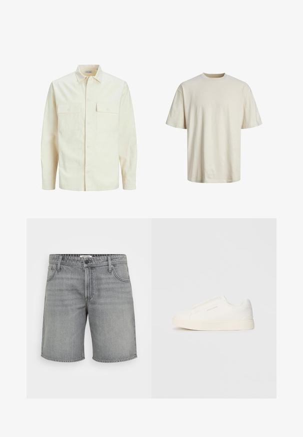 Svijetlo bež košulja dugih rukava s ovratnikom, dva prednja džepa, zatvaranje na dugmad i teksturirani materijal.; Majica s okruglim izrezom od pamuka u boji slonovače, s kratkim rukavima, ležernog kroja i glatkom, laganom teksturom.; Sive traperice s klasičnim krojem, pet džepova i standardnim dugmetom i zatvaračem. Blago izblijedjeli izgled, uredan rub.; Bijele slip-on tenisice s teksturiranom površinom, debelim đonom i minimalističkim dizajnom. Sadrže logo branda sa strane.