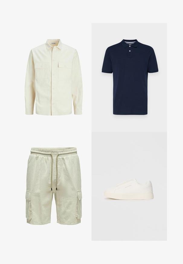 Lys beige langærmet skjorte med krave, to forlommer, knaplukning og et tekstureret stof.; Mørkeblå kortærmet polo skjorte lavet af bomuld, med en kravehals og tre knapper samt subtile vandrette striber på kraven.; Beige cargo shorts i et struktureret materiale, elastisk taljebånd og snøre. Har to sidelommer med klap.; Hvide slip-on sneakers med en struktureret overflade, en tyk sål og et minimalistisk design. Har brandlogoet på siden.
