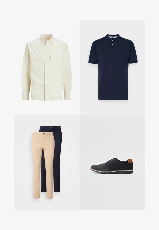 Light beige long-sleeve shirt with a collared neckline, two front pockets, button closure, and a textured fabric.; Navy blue short-sleeve polo shirt made of cotton, featuring a collared neckline with three buttons and subtle horizontal stripes on the collar.; Chino pants in beige and navy, featuring a slim fit, smooth cotton fabric, front pockets, and a button closure.; Black synthetic shoes with a textured upper, smooth accents, brown heel, and a contrasting sole. Features minimal lacing and stitch details.