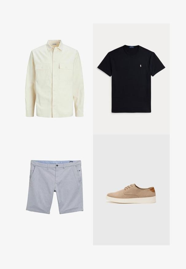 Gai bēšs garām piedurknēm krekls ar apkakles izgriezumu, divām priekšējām kabatām, pogu aizdari un teksturētu audumu.; Melnā kokvilnas T-krekls ar apaļu kakla izgriezumu, īsām piedurknēm un nelielu izšūtu logotipu kreisajā krūtīs. Gluda tekstūra.; Pelēki, auduma šorti ar teksturētu rakstu. Iekļauj jostas cilpas, divas priekšējās kabatas un mazu sānu kabatu. Parastā piegriezuma.; Beige zamšādas kedas ar noapaļotu purngala daļu, auklēm saplacinātu priekšpusi un teksturētu aizmugures akcentu. Balta gumijas zole nodrošina kontrastu. Vienkāršs un mūsdienīgs dizains.