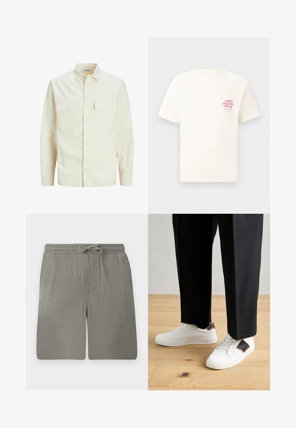 Jasno beżowa koszula z długim rękawem, z kołnierzykiem, dwoma kieszeniami z przodu, zapięciem na guziki i teksturowanym materiałem.; Biała koszulka z krótkim rękawem z czerwonym napisem "Studio Originals Edition" po lewej stronie klatki piersiowej, wyeksponowana na neutralnym szarym tle.; Jasnoszare szorty wykonane z teksturowanej tkaniny. Posiadają elastyczny pas, sznurek do regulacji oraz kieszeń boczną. Prosty, prosty krój.; Białe trampki o gładkiej fakturze, z brązowymi skórzanymi akcentami i czarnymi detalami, zestawione z czarnymi eleganckimi spodniami. Tło stanowi drewniana podłoga.