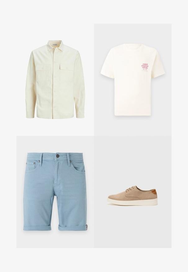Svetlo béžová košeľa s dlhým rukávom, s golierom, dvoma prednými vreckami, zapínaním na gombíky a textúrovanou látkou.; Biele tričko s krátkym rukávom s červeným textom "Studio Originals Edition" na ľavej hrudi, zobrazené na neutrálnom šedom pozadí.; Svetlomodré džínsové šortky s klasickým dizajnom piatich vreciek, rolovanými manžetami, prednými a zadnými švami a tmavým gombíkom na zapínanie.; Béžové semišové tenisky s okrúhlou špičkou, šnurovaním vpredu a textúrovaným zadným akcentom. Biela gumová podrážka poskytuje kontrast. Jednoduchý a moderný dizajn.