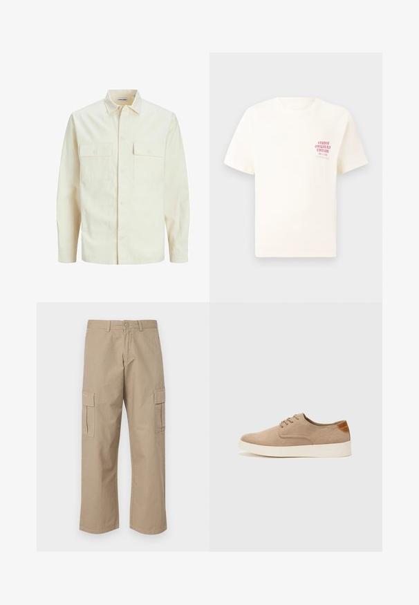 Világos bézs színű, hosszú ujjú ing, galléros nyakkal, két elülső zsebbel, gombos záródással és struktúrált anyaggal.; Fehér, rövid ujjú póló, bal mellen piros szöveggel "Studio Originals Edition", semleges szürke háttér előtt.; Beige, egyenes szárú cargo nadrág, két oldalsó zsebbel és klasszikus gombos záródással a deréknál. Sima pamut anyag.; Beige velúr sportcipő, kerek orral, fűzős elülső résszel és textúrált hátsó részlettel. Fehér gumitalp kontrasztot ad. Egyszerű és modern design.
