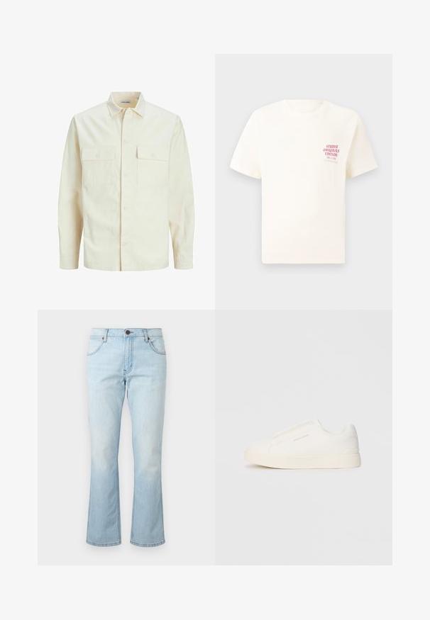 Gai bēšs garām piedurknēm krekls ar apkakles izgriezumu, divām priekšējām kabatām, pogu aizdari un teksturētu audumu.; Balts īsām piedurknēm T-krekls ar sarkanu tekstu "Studio Originals Edition" uz kreisā krūšu, pakārtots neitrālā pelēkā fonā.; Gai zilgan drēbes ar izteiktu apakšdaļu, izgatavotas no denima. Iespējas ietver piecas kabatas, jostas cilpas un rāvējslēdzēju ar pogu jostasvietā.; Baltas slip-on sporta apavi ar teksturētu virsmu, biezu zoli un minimālistisku dizainu. Sānos redzams zīmola logotips.