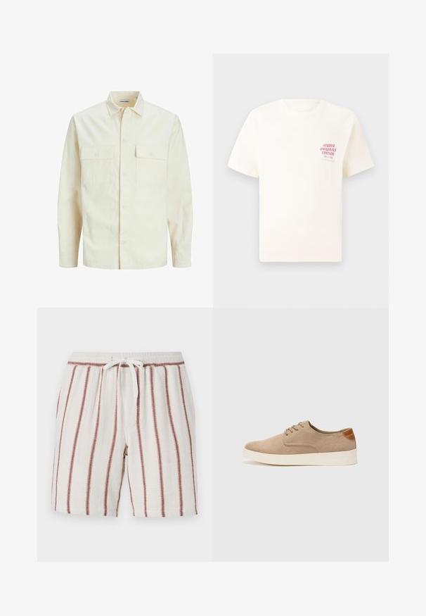 Svetlo béžová košeľa s dlhým rukávom, s golierom, dvoma prednými vreckami, zapínaním na gombíky a textúrovanou látkou.; Biele tričko s krátkym rukávom s červeným textom "Studio Originals Edition" na ľavej hrudi, zobrazené na neutrálnom šedom pozadí.; Bavlnené šortky s nastaviteľným pásom, krémovým pozadím a vertikálnymi pruhmi v rustikálnej farbe, textúrovaná látka a voľný strih.; Béžové semišové tenisky s okrúhlou špičkou, šnurovaním vpredu a textúrovaným zadným akcentom. Biela gumová podrážka poskytuje kontrast. Jednoduchý a moderný dizajn.