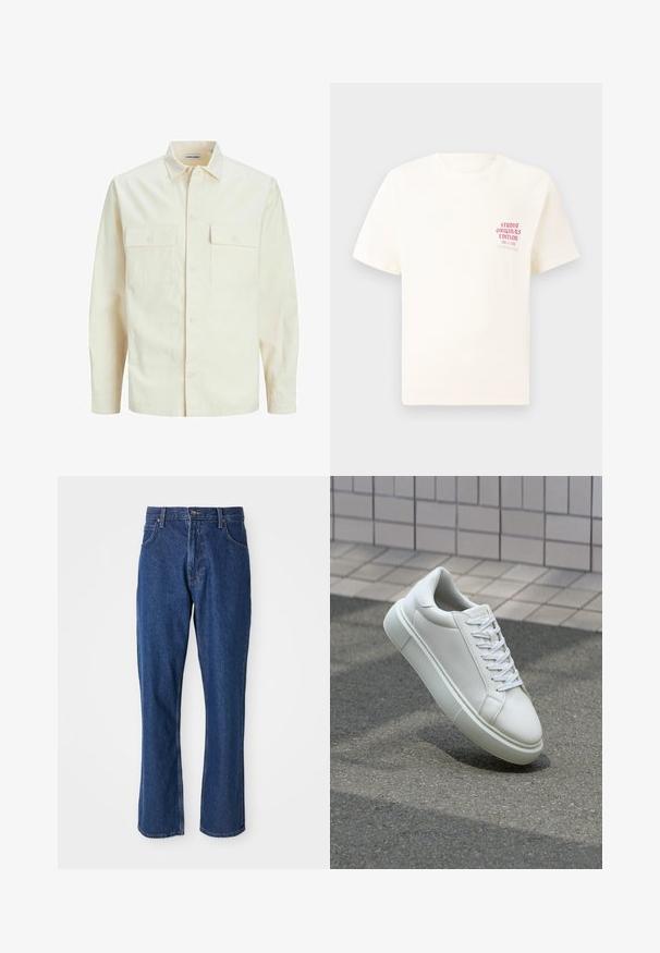 Světle béžová košile s dlouhým rukávem, límečkem, dvěma předními kapsami, zapínáním na knoflíky a strukturovanou tkaninou.; Bílý krátký rukávový tričko s červeným textem "Studio Originals Edition" na levé hrudi, vystavené na neutrálním šedém pozadí.; Modré denimové džíny se středně širokým střihem, pět kapsami a pevným pasem s kovovým zapínáním.; Bílé kožené tenisky s hladkým povrchem, kulatou špičkou a plochými bílými tkaničkami. Disponují texturovanou gumovou podrážkou a minimálními designovými prvky.