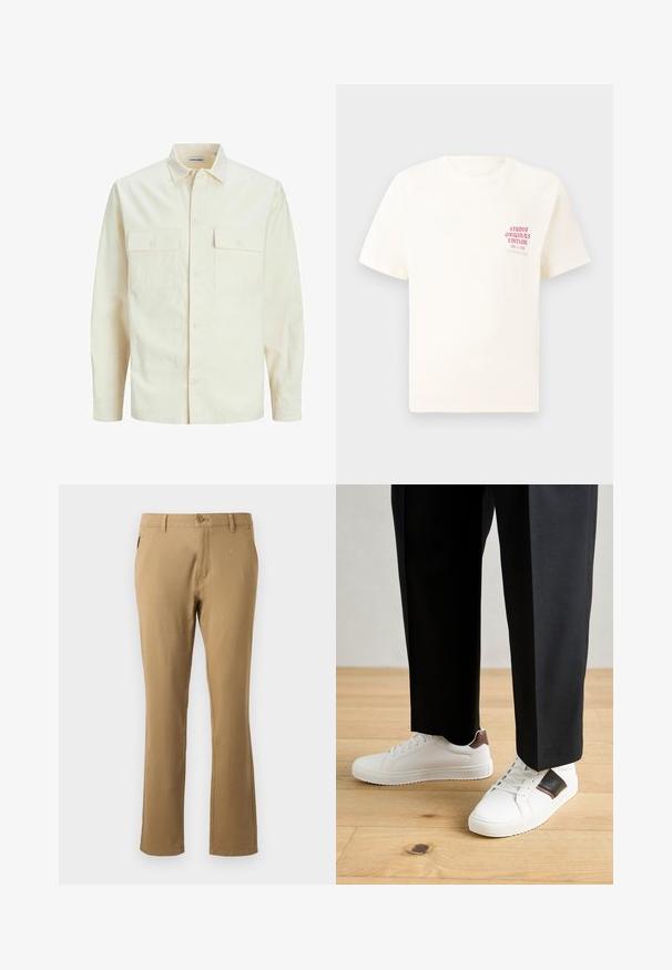 Lys beige langærmet skjorte med krave, to forlommer, knaplukning og et tekstureret stof.; Hvid kortermet T-shirt med rød tekst "Studio Originals Edition" på venstre bryst, vist på en neutral grå baggrund.; Beige chinos med lige ben design, lavet af bomuld, med en enkelt frontknaplukning og sidelommer. Glat tekstur.; Hvide sneakers med glat tekstur, prydet med brune læderdetaljer og sorte detaljer, sammen med sorte skræddersyede bukser. Baggrund med trægulv.