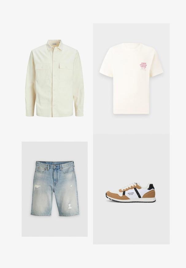 Gai bēšs garām piedurknēm krekls ar apkakles izgriezumu, divām priekšējām kabatām, pogu aizdari un teksturētu audumu.; Balts īsām piedurknēm T-krekls ar sarkanu tekstu "Studio Originals Edition" uz kreisā krūšu, pakārtots neitrālā pelēkā fonā.; Gaiši zili džinsu šorti ar augstu jostas daļu, ar nolietotiem laukumiem un saplēstiem malām. Piecu kabatu dizains un metāla detaļu akcenti.; Retro stila sneakeri ar baltu, brūnu zamšu, melniem akcentiem, baltām siksnām un "Jack & Jones EST. 1990" logo sānos.
