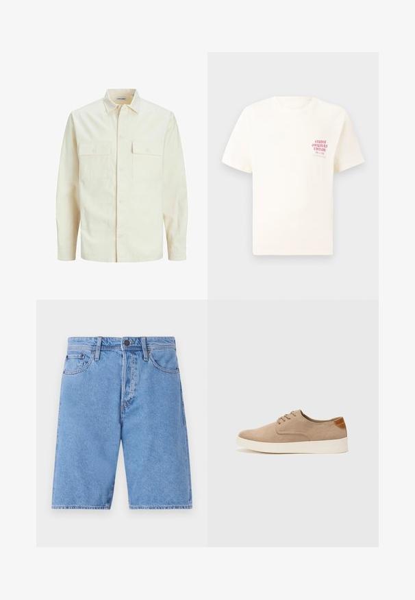 Cămașă lungă cu mâneci lungi de culoare bej deschis, cu guler, două buzunare frontale, închidere cu butoane și un material texturat.; Tricou alb cu mânecă scurtă, având text roșu "Studio Originals Edition" pe partea stângă a pieptului, expus pe un fundal gri neutru.; Șorturi din denim albastre deschise, cu un design clasic cu cinci buzunare, închidere cu nasture și croială dreaptă, având o textură decolorată și accente de cusătură.; Tenisi din suede bej cu vârf rotund, sistem de șireturi în față și un accent texturat în spate. Talpa albă din cauciuc oferă un contrast. Design simplu și modern.