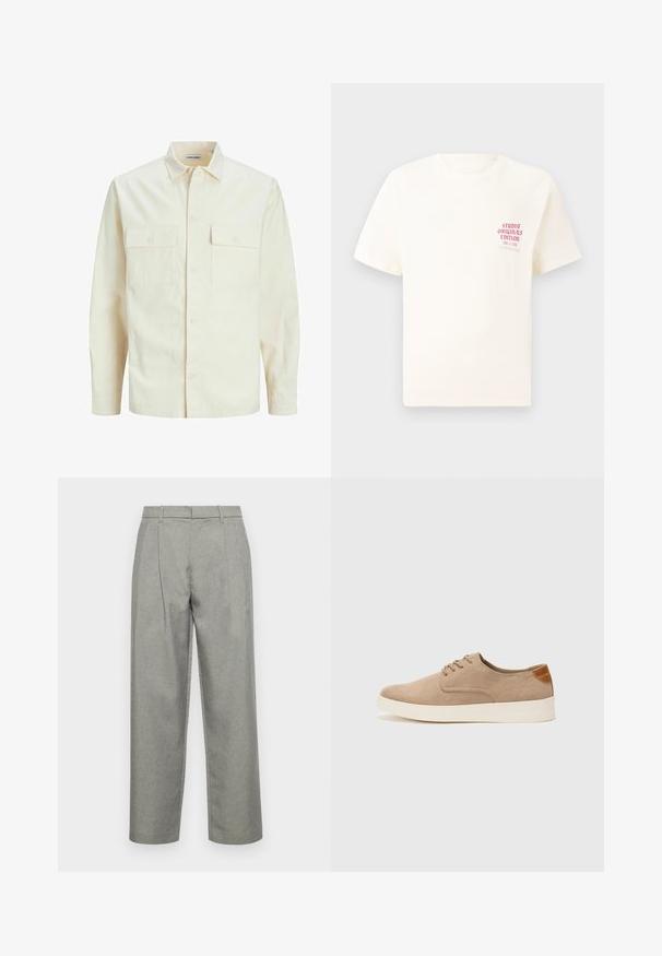 Cămașă lungă cu mâneci lungi de culoare bej deschis, cu guler, două buzunare frontale, închidere cu butoane și un material texturat.; Tricou alb cu mânecă scurtă, având text roșu "Studio Originals Edition" pe partea stângă a pieptului, expus pe un fundal gri neutru.; Pantaloni gri tăiați, dintr-un material texturat, cu un design drept, pliuri frontale și un talie standard cu bucle pentru curea.; Tenisi din suede bej cu vârf rotund, sistem de șireturi în față și un accent texturat în spate. Talpa albă din cauciuc oferă un contrast. Design simplu și modern.