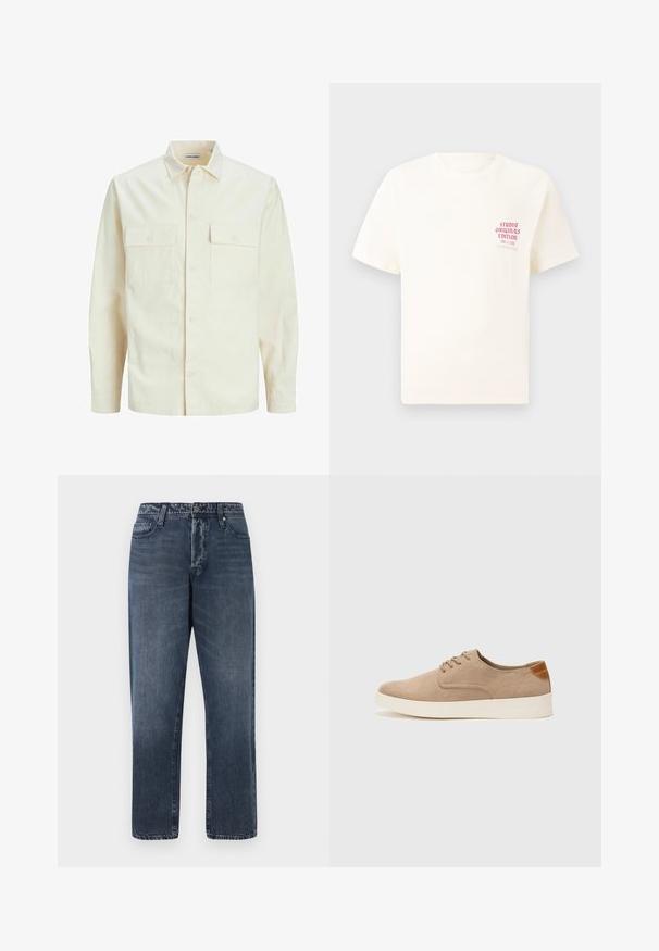 Cămașă lungă cu mâneci lungi de culoare bej deschis, cu guler, două buzunare frontale, închidere cu butoane și un material texturat.; Tricou alb cu mânecă scurtă, având text roșu "Studio Originals Edition" pe partea stângă a pieptului, expus pe un fundal gri neutru.; Jack & Jones JJIEDDIE JJORIGINAL - Blugi largi - blue denim; Tenisi din suede bej cu vârf rotund, sistem de șireturi în față și un accent texturat în spate. Talpa albă din cauciuc oferă un contrast. Design simplu și modern.