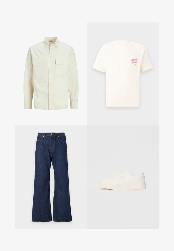 Hellbeige Langarmhemd mit klassischem Kragen, zwei Fronttaschen, Knopfverschluss und strukturiertem Stoff.; Weißes T-Shirt mit kurzen Ärmeln und rotem Text "Studio Originals Edition" auf der linken Brust, präsentiert vor einem neutralen grauen Hintergrund.; Blaue Jeans im ausgestellten Schnitt aus Denim mit fünf Taschen, Messingbeschlägen, sichtbaren Nähten und einer glatten Textur. Standardbund mit Gürtelschlaufen.; Weiße Slip-On-Sneaker mit einer strukturierten Oberfläche, dicker Sohle und minimalistischem Design. Mit Logo der Marke an der Seite.