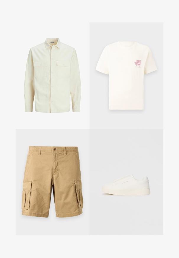 Šviesiai smėlio spalvos ilgomis rankovėmis marškiniai su apykakle, dviem priekinėmis kišenėmis, mygtukų uždarymu ir tekstūruota medžiaga.; Balta trumpa rankovėmis marškinėliai su raudonu užrašu "Studio Originals Edition" kairiajame krūtinės šone, rodomi neutralioje pilkoje aplinkoje.; Šviesiai rudos spalvos cargo šortai, pagaminti iš lengvo medvilninio audinio, su dviem didelėmis šoninėmis kišenėmis, mygtuko uždarymu ir diržo kilpomis. Lygi tekstūra.; Baltos slip-on sportbačiai su tekstūruota paviršiumi, storesniu padu ir minimalistišku dizainu. Šone matosi prekės ženklo logotipas.