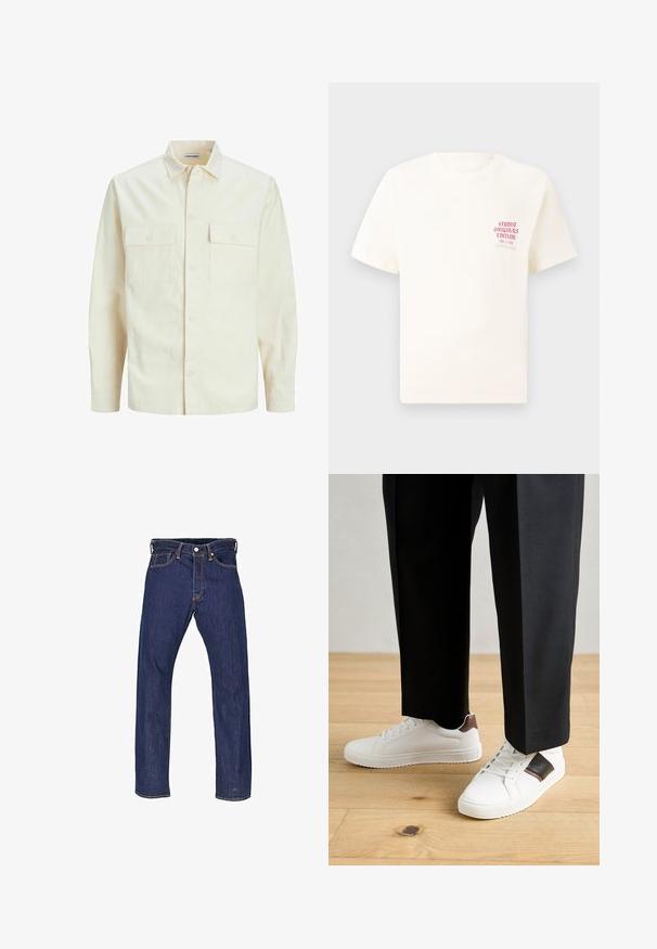 Camicia beige chiaro a maniche lunghe con colletto, due tasche frontali, chiusura a bottoni e un tessuto texturizzato.; T-shirt bianco a maniche corte con testo rosso "Studio Originals Edition" sul lato sinistro del petto, esposto su uno sfondo grigio neutro.; Jeans in denim blu scuro con vestibilità a gamba dritta, cinque tasche e cuciture a contrasto. Presentano un'apertura con bottone e rivetti metallici.; Sneakers bianchi dalla texture liscia, con dettagli in pelle marrone e particolari neri, abbinati a pantaloni neri su misura. Sfondo in parquet.