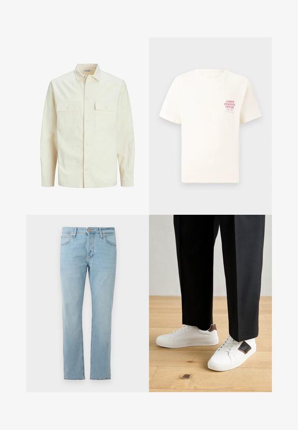 Camisa de manga larga color beige claro con cuello, dos bolsillos frontales, cierre de botones y una tela texturizada.; Camiseta blanca de manga corta con el texto rojo "Edición de Studio Originals" en el lado izquierdo del pecho, exhibida sobre un fondo gris neutro.; Vaqueros de mezclilla azul claro con corte recto, cinco bolsillos y cierre de botón en la cintura, mostrados de forma plana sobre un fondo blanco.; Zapatillas blancas con textura suave, con acentos de cuero marrón y detalles en negro, combinadas con pantalones negros ajustados. Fondo de suelo de madera.