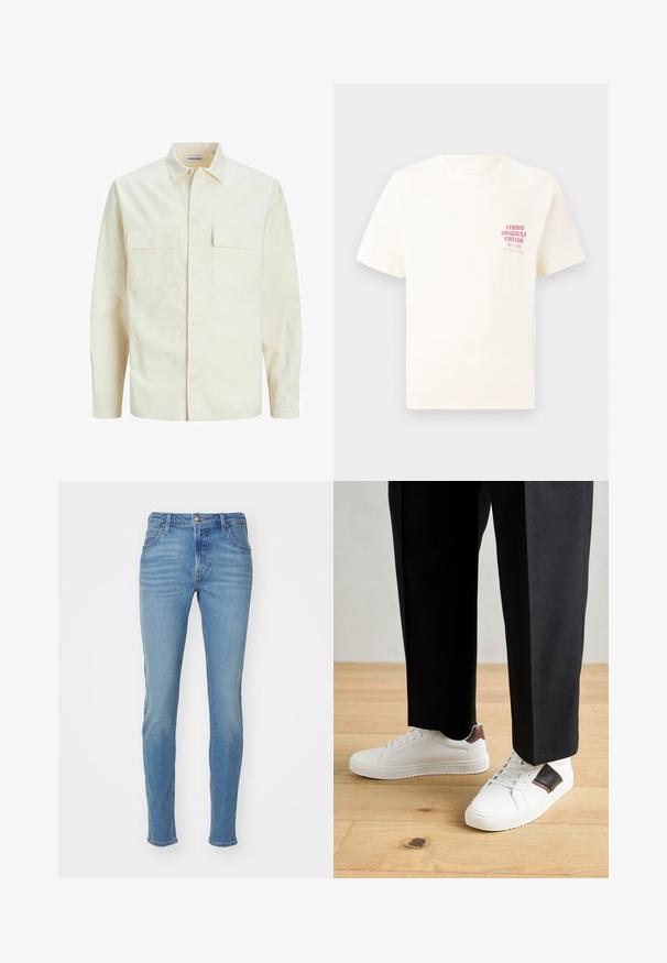 Camisa de manga larga color beige claro con cuello, dos bolsillos frontales, cierre de botones y una tela texturizada.; Camiseta blanca de manga corta con el texto rojo "Edición de Studio Originals" en el lado izquierdo del pecho, exhibida sobre un fondo gris neutro.; Jeans de denim azul con corte slim, cintura alta y bolsillos frontales. Presentan un lavado desvanecido, trabillas para el cinturón y detalles de costura a lo largo de las costuras.; Zapatillas blancas con textura suave, con acentos de cuero marrón y detalles en negro, combinadas con pantalones negros ajustados. Fondo de suelo de madera.