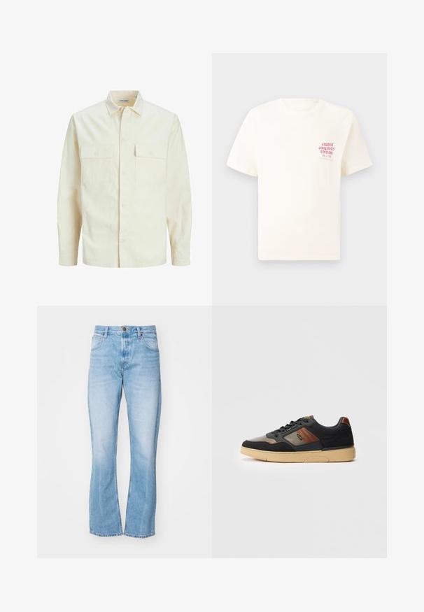 Šviesiai smėlio spalvos ilgomis rankovėmis marškiniai su apykakle, dviem priekinėmis kišenėmis, mygtukų uždarymu ir tekstūruota medžiaga.; Balta trumpa rankovėmis marškinėliai su raudonu užrašu "Studio Originals Edition" kairiajame krūtinės šone, rodomi neutralioje pilkoje aplinkoje.; Šviesiai mėlyni džinsai su platėjančiomis kojomis, aukštu liemeniu, priekinėmis kišenėmis ir užtrauktuku. Yra lengvas blukimas ir siuvimo detalės.; Juoda ir ruda žema sneakers tipo avalynė su smėlinio spalvos padu, raišteliais ir šoniniu logotipu ant balto fono.