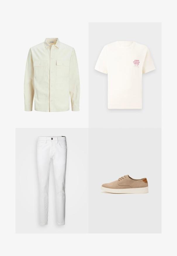 Camicia beige chiaro a maniche lunghe con colletto, due tasche frontali, chiusura a bottoni e un tessuto texturizzato.; T-shirt bianco a maniche corte con testo rosso "Studio Originals Edition" sul lato sinistro del petto, esposto su uno sfondo grigio neutro.; INDICODE JEANS Jeans slim fit - white; Sneaker in suede beige con punta arrotondata, stringhe davanti e un accento testurizzato sul retro. La suola in gomma bianca offre un contrasto. Design semplice e moderno.