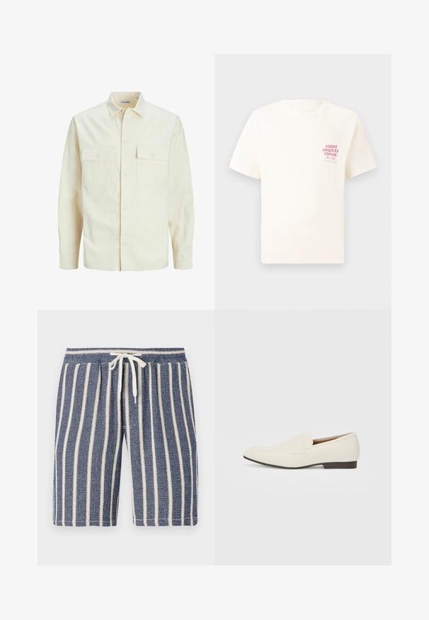 Világos bézs színű, hosszú ujjú ing, galléros nyakkal, két elülső zsebbel, gombos záródással és struktúrált anyaggal.; Fehér, rövid ujjú póló, bal mellen piros szöveggel "Studio Originals Edition", semleges szürke háttér előtt.; Tengerészkék, texturált rövidnadrág fehér függőleges csíkokkal, rugalmas derékkal és húzózsinóros részlettel. Lazán elegáns, meleg időjárásra alkalmas dizájn.; Világos bézs loaferek hegyes orral, sima anyagból, a lábfejen lévő pánttal és alacsony barna talppal. Egyszerű dizájn, minimális díszítéssel.