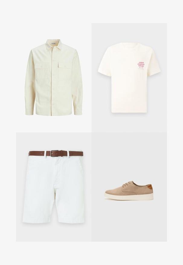 Camisa de manga larga color beige claro con cuello, dos bolsillos frontales, cierre de botones y una tela texturizada.; Camiseta blanca de manga corta con el texto rojo "Edición de Studio Originals" en el lado izquierdo del pecho, exhibida sobre un fondo gris neutro.; Pantalones cortos de algodón blanco con un cinturón de cuero marrón y hebilla plateada. Cierre de botón y cremallera, bolsillos laterales y puños rematados.; Zapatillas de ante beige con puntera redondeada, cordones en la parte delantera y un acento texturizado en la parte trasera. La suela de goma blanca proporciona contraste. Diseño sencillo y moderno.