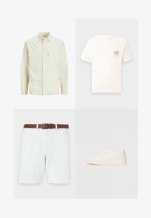 Ljusbeige långärmad skjorta med krage, två framfickor, knäppning och en texturerad tyg.; Vit kortärmad T-shirt med röd text "Studio Originals Edition" på vänster bröst, är uppställd på en neutral grå bakgrund.; Vita bomullsshorts med ett brunt läderbälte och ett silverfärgat spänne. Tryckknapp och dragkedja, sidofickor och fållade muddar.; Vita slip-on sneakers med en texturerad yta, en tjock sula och minimalistisk design. Har varumärkeslogotypen på sidan.