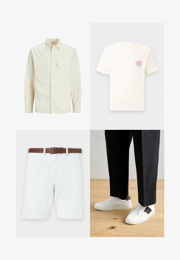 Chemise longue à manches longues beige clair avec un col, deux poches frontales, fermeture à boutons et un tissu texturé.; T-shirt blanc à manches courtes avec le texte rouge "Édition Originals du Studio" sur la poitrine gauche, présenté sur un fond gris neutre.; Shorts en coton blanc avec une ceinture en cuir marron et une boucle en acier. Fermeture à pression et zip, poches latérales et ourlets cousus.; Des sneakers blanches au texture lisse, avec des accents en cuir marron et des détails noirs, assorties à un pantalon noir ajusté. Fond en parquet.