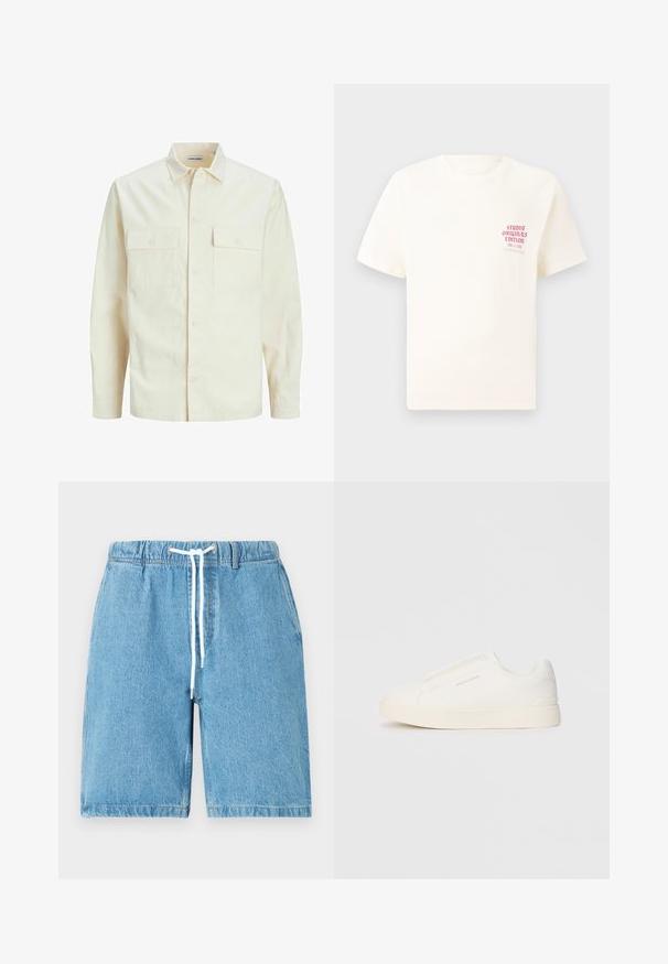 Svetlo bež srajca z dolgimi rokavi, ovratnim izrezom, dvema sprednjima žepoma, zapenjanjem na gumbe in teksturirano tkanino.; Bela majica s kratkimi rokavi z rdečim napisom "Studio Originals Edition" na levi strani prsnega koša, prikazana na nevtralnem sivo backgroundu.; Svetlo modri jeans kratke hlače z elastičnim pasom, belim vezalko in sproščenim krojem. Imajo gladko teksturo in obrobljene robove.; Bele zapete brez vezalk z teksturirano površino, debelim podplatom in minimalističnim dizajnom. Na strani se nahaja logotip blagovne znamke.