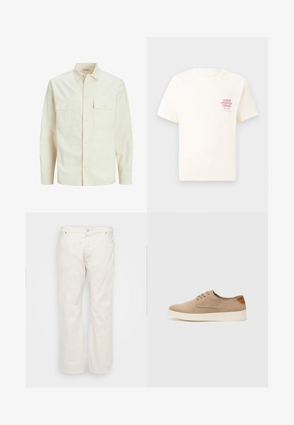 Chemise longue à manches longues beige clair avec un col, deux poches frontales, fermeture à boutons et un tissu texturé.; T-shirt blanc à manches courtes avec le texte rouge "Édition Originals du Studio" sur la poitrine gauche, présenté sur un fond gris neutre.; Jean en denim blanc avec une coupe droite, dotés d'une fermeture à bouton, de passants de ceinture et de deux poches latérales. Texture lisse, détails minimaux.; Baskets en daim beige avec un embout arrondi, un laçage sur le devant et un accent texturé à l'arrière. La semelle en caoutchouc blanche offre un contraste. Design simple et moderne.