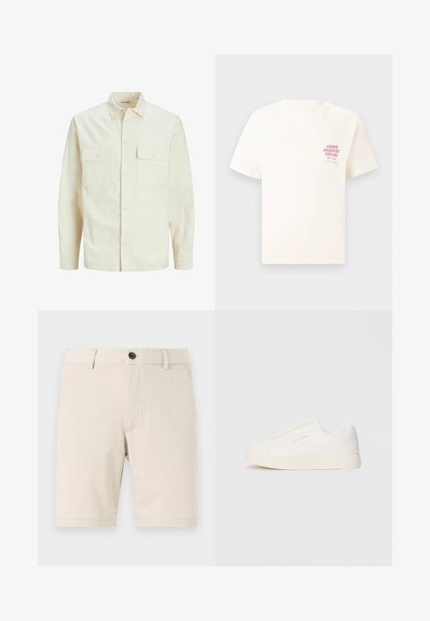 Chemise longue à manches longues beige clair avec un col, deux poches frontales, fermeture à boutons et un tissu texturé.; T-shirt blanc à manches courtes avec le texte rouge "Édition Originals du Studio" sur la poitrine gauche, présenté sur un fond gris neutre.; Shorts beiges en tissu léger, avec une fermeture à bouton à l'avant, des passants de ceinture et une texture lisse. L'ourlet est droit.; Baskets blanches sans lacets avec une surface texturée, une semelle épaisse et un design minimaliste. Présente le logo de la marque sur le côté.