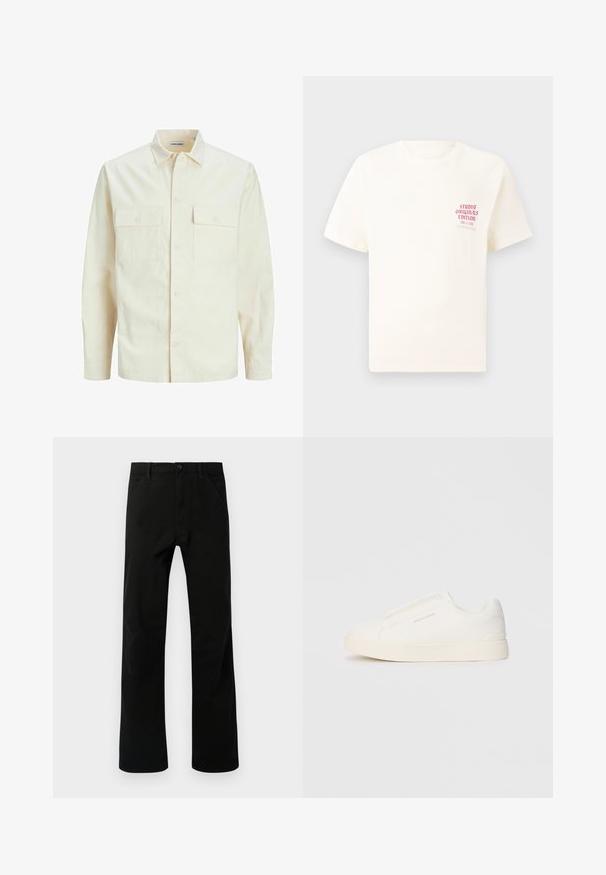 Svijetlo bež košulja dugih rukava s ovratnikom, dva prednja džepa, zatvaranje na dugmad i teksturirani materijal.; Bijela kratka majica s kratkim rukavima s crvenim natpisom "Studio Originals Edition" na lijevoj strani grudi, prikazana na neutralnoj sivoj pozadini.; Crne hlače ravnog kroja s prednjim džepovima, dugmetom za zatvaranje i petljama za remen, prikazane na bijeloj pozadini.; Bijele slip-on tenisice s teksturiranom površinom, debelim đonom i minimalističkim dizajnom. Sadrže logo branda sa strane.