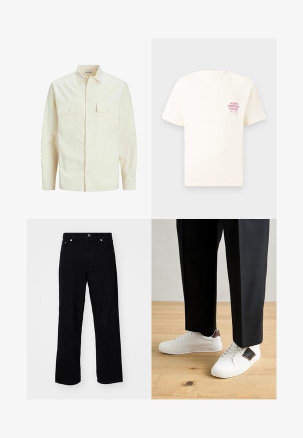 Light beige long-sleeve shirt with a collared neckline, two front pockets, button closure, and a textured fabric.; White short-sleeve T-shirt with red text "Studio Originals Edition" on left chest, displayed on a neutral gray background.; Only & Sons ONSFIVE BAGGY - Baggy Jeans - black; White sneakers with smooth texture, featuring brown leather accents and black detailing, paired with black tailored pants. Wooden floor background.
