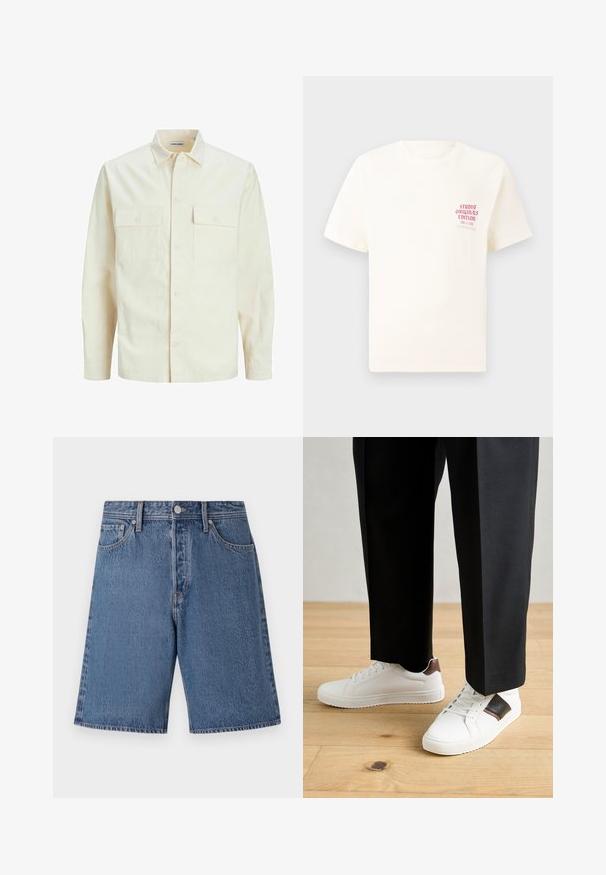 Light beige long-sleeve shirt with a collared neckline, two front pockets, button closure, and a textured fabric.; White short-sleeve T-shirt with red text "Studio Originals Edition" on left chest, displayed on a neutral gray background.; Denim shorts in light blue with a faded texture, five-pocket design, and a button closure at the waistband.; White sneakers with smooth texture, featuring brown leather accents and black detailing, paired with black tailored pants. Wooden floor background.